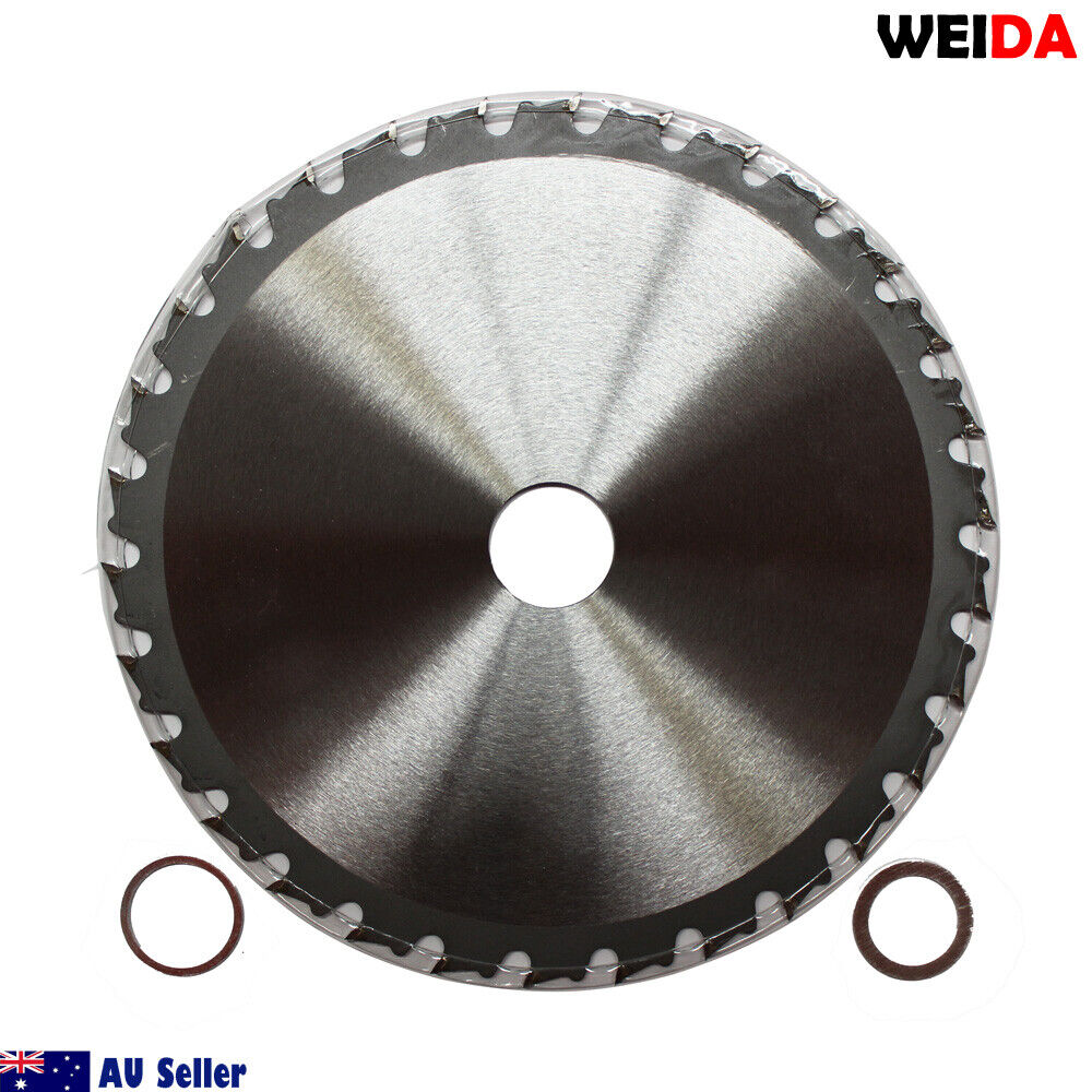 216mm Wood Circular Saw Blade Cutting Disc 8-1/2” 30T Bore 30/25.4/22.23mm with 30 tungsten carbide tipped teeth and two ring adapters, branded "Weida." The blade specifications include 8½" x 30T x 30 and MTS 216.30, with a maximum of 7000 RPM. The packaging mentions "Australia Seller" and has a QR code.