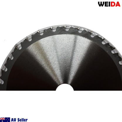 216mm Wood Circular Saw Blade Cutting Disc 8-1/2” 30T Bore 30/25.4/22.23mm with 30 tungsten carbide tipped teeth and two ring adapters, branded "Weida." The blade specifications include 8½" x 30T x 30 and MTS 216.30, with a maximum of 7000 RPM. The packaging mentions "Australia Seller" and has a QR code.