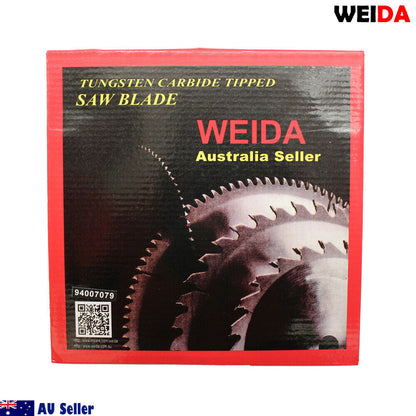 216mm Wood Circular Saw Blade Cutting Disc 8-1/2” 30T Bore 30/25.4/22.23mm with 30 tungsten carbide tipped teeth and two ring adapters, branded "Weida." The blade specifications include 8½" x 30T x 30 and MTS 216.30, with a maximum of 7000 RPM. The packaging mentions "Australia Seller" and has a QR code.