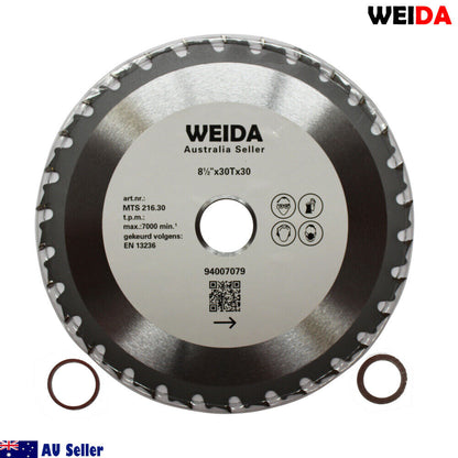 An 8 1/2 inch 2x 216mm Wood Circular Saw Blade Cutting Disc 8-1/2” 30T Bore 30/25.4/22.2mm Cut, perfect for cutting wood with its 30 tungsten carbide tipped teeth and a 30mm bore. Specifications include MTS 216.30, max 7000 min-1. "Australia Seller" and a QR code are displayed. Two additional smaller rings, likely washers or adaptors, are placed below the blade.