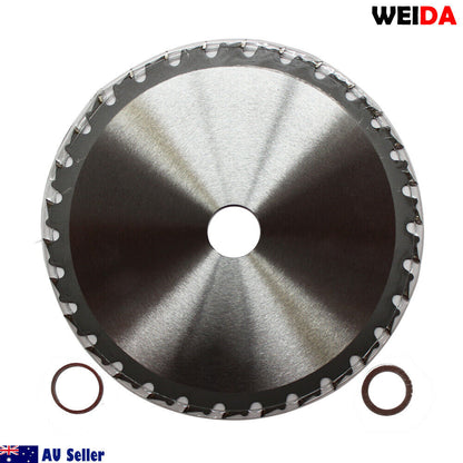 An 8 1/2 inch 2x 216mm Wood Circular Saw Blade Cutting Disc 8-1/2” 30T Bore 30/25.4/22.2mm Cut, perfect for cutting wood with its 30 tungsten carbide tipped teeth and a 30mm bore. Specifications include MTS 216.30, max 7000 min-1. "Australia Seller" and a QR code are displayed. Two additional smaller rings, likely washers or adaptors, are placed below the blade.