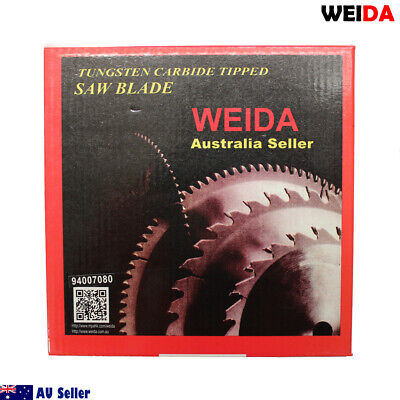 The image shows a red and black box containing a 185mm Wood Circular Saw Blade Cutting Disc 7-1/4” 16T Bore 20/16mm 2.2mm Kerf tipped with tungsten carbide. The packaging features the words "Tungsten Carbide Tipped Saw Blade," "Weida Australia Seller," and a QR code. The box includes an illustration of cutting discs.