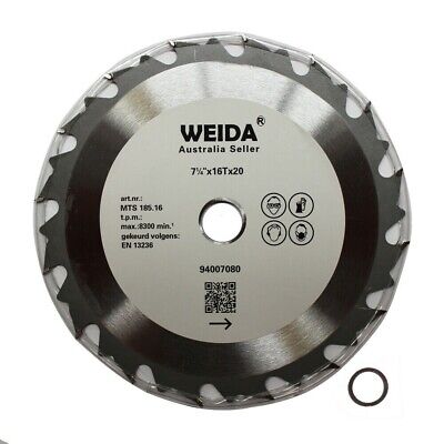 Circular saw blade labeled "2x 185mm 16T Wood Circular Cutting Disc Saw Blade7-1/4” Bore 20/16mm 2.2mm Kerf" with product specifications: 7¼” (185mm) x 16 teeth, tungsten carbide tipped. Symbols indicate safety instructions. A QR code and serial number "94007080" are visible. A separate ring accompanies the blade.