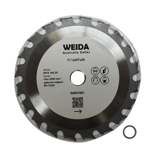 A 185mm Wood Circular Saw Blade Cutting Disc 7-1/4” 20T Bore 20/16mm 2.2mm Kerf with the brand name "WEIDA" and specifications "7 1/4" x 20Tx20" printed in the center. This wood circular saw blade features segmented edges, a barcode, safety icons, and a small separate ring on the side. The tungsten carbide tipped cutting disc ensures precision and durability.