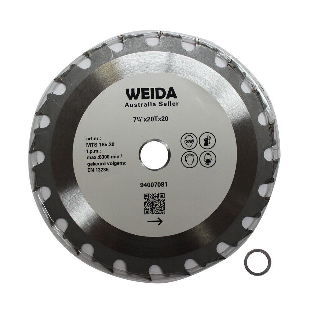 A 2x 185mm Wood Circular Saw Blade Cutting Disc 7-1/4” 20T Bore 20/16mm 2.2mm Kerf with a silver finish and jagged edges, branded "WEIDA" and labeled "Australia Seller." The text includes technical details: "7 1/4x20Tx20," "art.nr.: MTS 185.20," and "max. 8300 min," along with safety icons and a QR code.