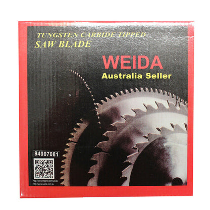 A 2x 185mm Wood Circular Saw Blade Cutting Disc 7-1/4” 20T Bore 20/16mm 2.2mm Kerf with a silver finish and jagged edges, branded "WEIDA" and labeled "Australia Seller." The text includes technical details: "7 1/4x20Tx20," "art.nr.: MTS 185.20," and "max. 8300 min," along with safety icons and a QR code.