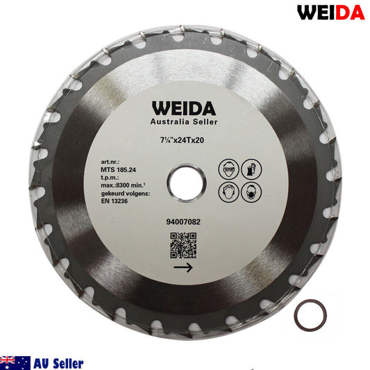 An overhead view showcases a **185mm Wood Circular Saw Blade Cutting Disc 7-1/4” 24T Bore 20/16mm 2.2mm Kerf** labeled "WEIDA" and "7 1/4" x 24T x 20" with other specifications. The silver blade features a black center, with a small metal ring to its right. The WEIDA logo and "Australia Seller" text are clearly visible.