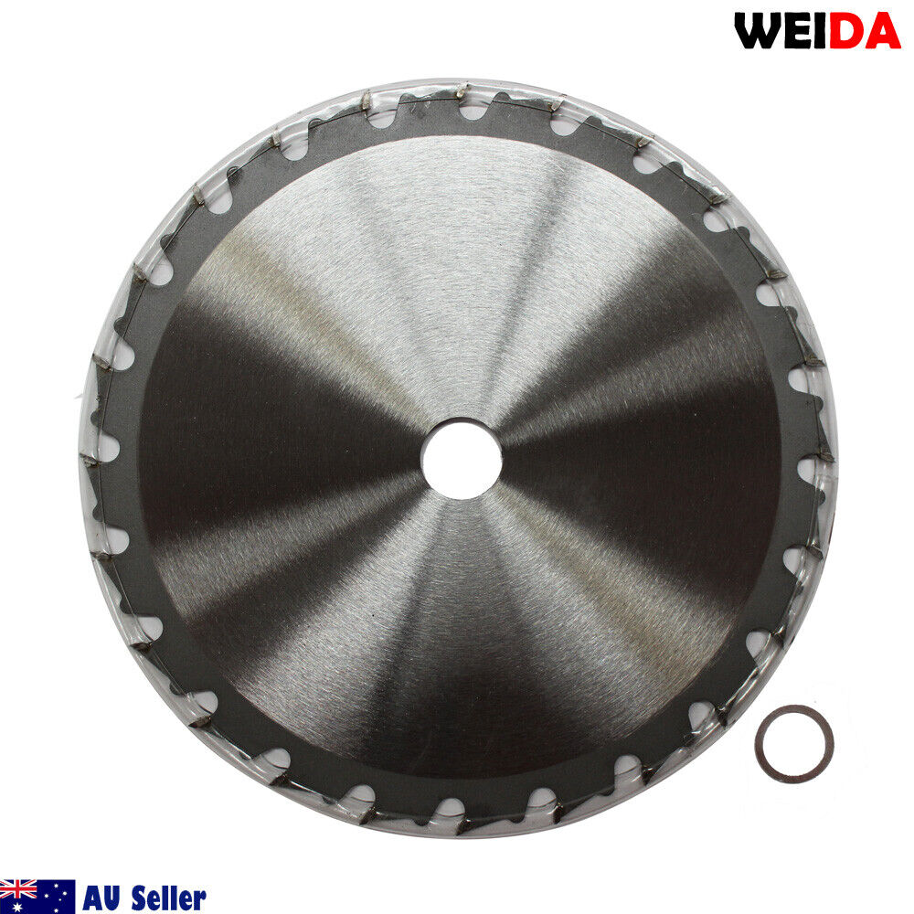 An overhead view showcases a **185mm Wood Circular Saw Blade Cutting Disc 7-1/4” 24T Bore 20/16mm 2.2mm Kerf** labeled "WEIDA" and "7 1/4" x 24T x 20" with other specifications. The silver blade features a black center, with a small metal ring to its right. The WEIDA logo and "Australia Seller" text are clearly visible.