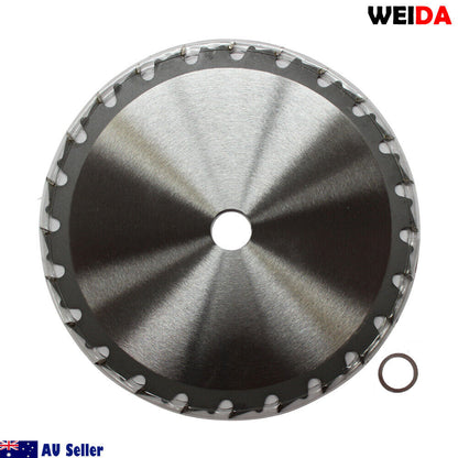 An overhead view showcases a **185mm Wood Circular Saw Blade Cutting Disc 7-1/4” 24T Bore 20/16mm 2.2mm Kerf** labeled "WEIDA" and "7 1/4" x 24T x 20" with other specifications. The silver blade features a black center, with a small metal ring to its right. The WEIDA logo and "Australia Seller" text are clearly visible.