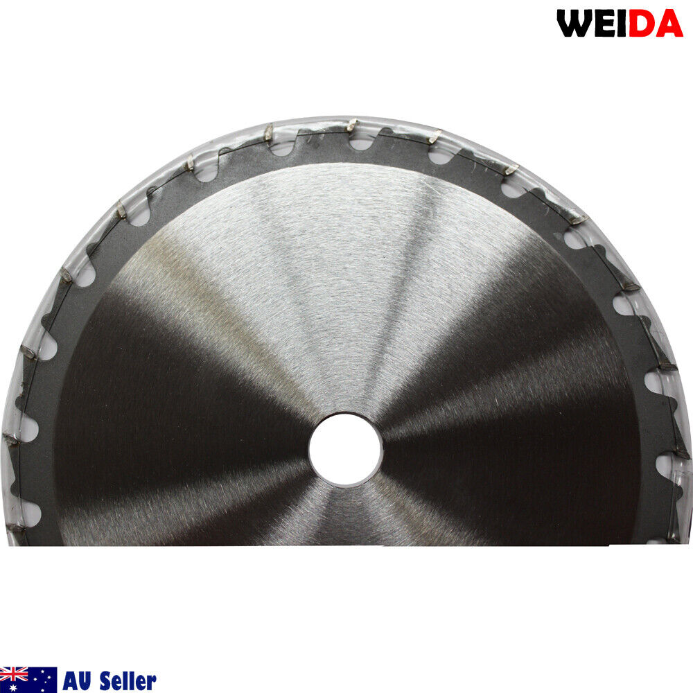 An overhead view showcases a **185mm Wood Circular Saw Blade Cutting Disc 7-1/4” 24T Bore 20/16mm 2.2mm Kerf** labeled "WEIDA" and "7 1/4" x 24T x 20" with other specifications. The silver blade features a black center, with a small metal ring to its right. The WEIDA logo and "Australia Seller" text are clearly visible.