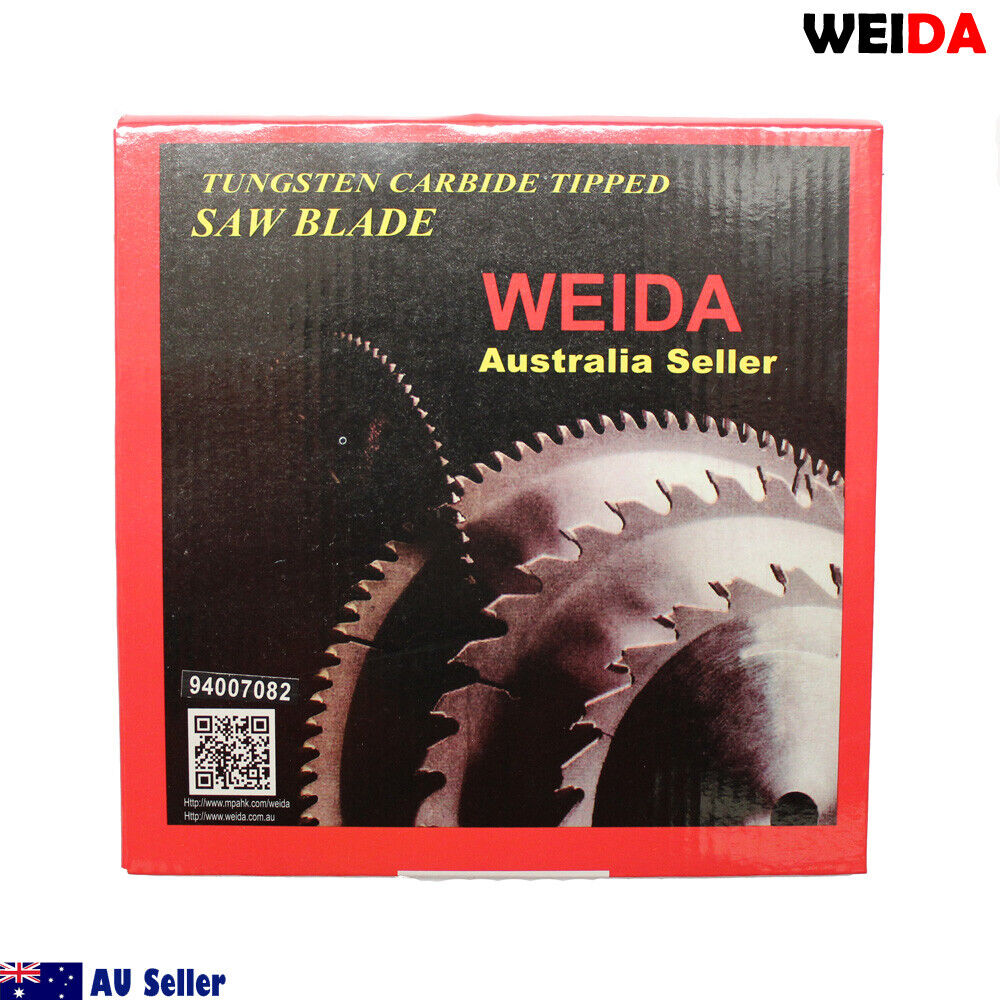 An overhead view showcases a **185mm Wood Circular Saw Blade Cutting Disc 7-1/4” 24T Bore 20/16mm 2.2mm Kerf** labeled "WEIDA" and "7 1/4" x 24T x 20" with other specifications. The silver blade features a black center, with a small metal ring to its right. The WEIDA logo and "Australia Seller" text are clearly visible.