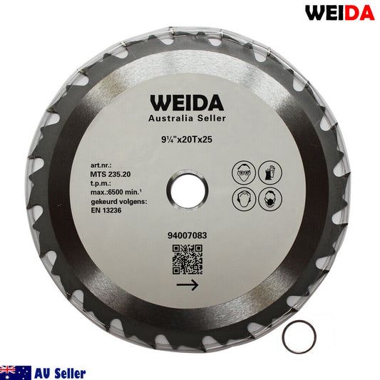 A circular wood saw blade labeled "WEIDA" with specifications: 235mm Wood Circular Saw Blade Cutting Disc 9-1/4” 20T Bore 25/22.23mm 2.2mm K, max 6500 min⁻¹. This cutting disc has sharp, tungsten carbide tipped teeth around the edge, with a small ring next to it. Logos of "AU Seller" and "Australia Seller" are shown. Product code: 94007083