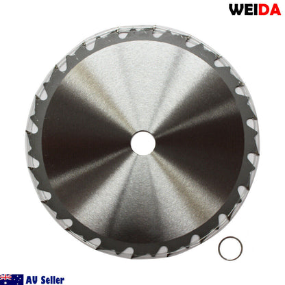 A circular wood saw blade labeled "WEIDA" with specifications: 235mm Wood Circular Saw Blade Cutting Disc 9-1/4” 20T Bore 25/22.23mm 2.2mm K, max 6500 min⁻¹. This cutting disc has sharp, tungsten carbide tipped teeth around the edge, with a small ring next to it. Logos of "AU Seller" and "Australia Seller" are shown. Product code: 94007083