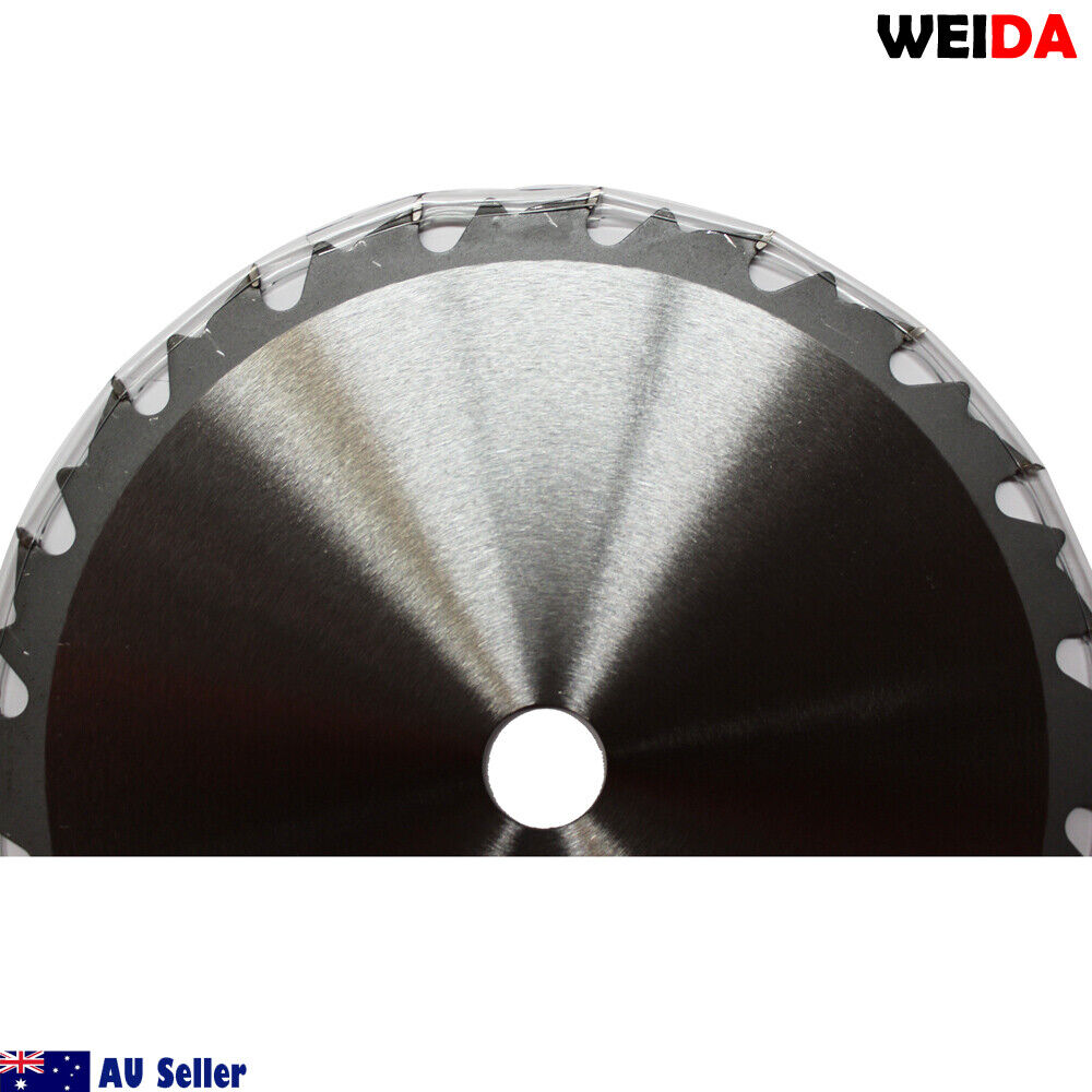 A circular wood saw blade labeled "WEIDA" with specifications: 235mm Wood Circular Saw Blade Cutting Disc 9-1/4” 20T Bore 25/22.23mm 2.2mm K, max 6500 min⁻¹. This cutting disc has sharp, tungsten carbide tipped teeth around the edge, with a small ring next to it. Logos of "AU Seller" and "Australia Seller" are shown. Product code: 94007083