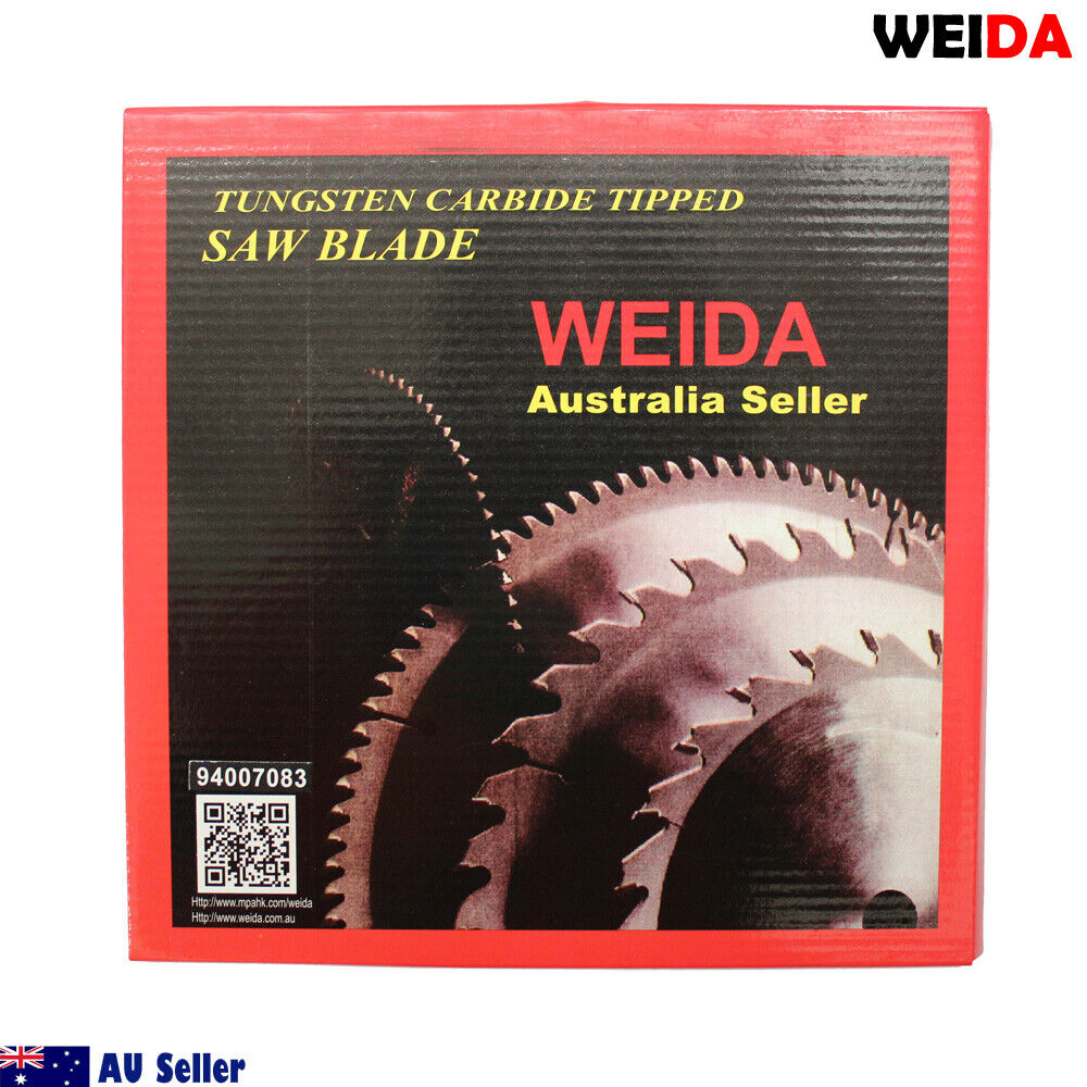 A circular wood saw blade labeled "WEIDA" with specifications: 235mm Wood Circular Saw Blade Cutting Disc 9-1/4” 20T Bore 25/22.23mm 2.2mm K, max 6500 min⁻¹. This cutting disc has sharp, tungsten carbide tipped teeth around the edge, with a small ring next to it. Logos of "AU Seller" and "Australia Seller" are shown. Product code: 94007083