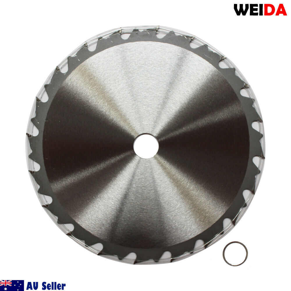 A circular saw blade labeled "2x 235mm Wood Circular Saw Blade Cutting Disc 9-1/4” 20T Bore 25/22.23mm 2.2mm K" with specifications 9¼"x20Tx25, tungsten carbide tipped. The silver blade with a black center features QR codes and text information. The image includes a small metal ring and text indicating an Australian seller, optimized for cutting sandwich laminate.
