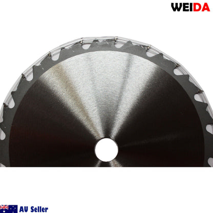 A circular saw blade labeled "2x 235mm Wood Circular Saw Blade Cutting Disc 9-1/4” 20T Bore 25/22.23mm 2.2mm K" with specifications 9¼"x20Tx25, tungsten carbide tipped. The silver blade with a black center features QR codes and text information. The image includes a small metal ring and text indicating an Australian seller, optimized for cutting sandwich laminate.
