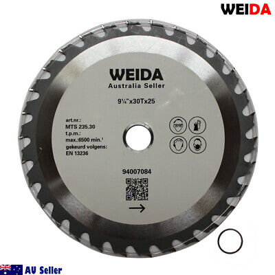 235mm Wood Circular Cutting Disc Saw Blade 9-1/4" 30T Bore 25/22.23mm 2.2mm K from WEIDA with the label "Australia Seller" visible. Specifications on the tungsten carbide tipped blade include dimensions 9¼"x30Tx25 and a maximum speed of 6500 min⁻¹. A small washer is placed next to the wood circular saw blade. "AU Seller" label and Australian flag are in the corner.