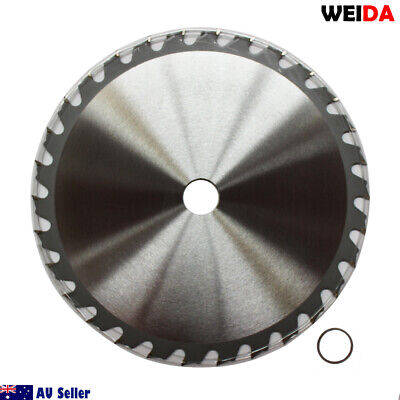 235mm Wood Circular Cutting Disc Saw Blade 9-1/4" 30T Bore 25/22.23mm 2.2mm K from WEIDA with the label "Australia Seller" visible. Specifications on the tungsten carbide tipped blade include dimensions 9¼"x30Tx25 and a maximum speed of 6500 min⁻¹. A small washer is placed next to the wood circular saw blade. "AU Seller" label and Australian flag are in the corner.