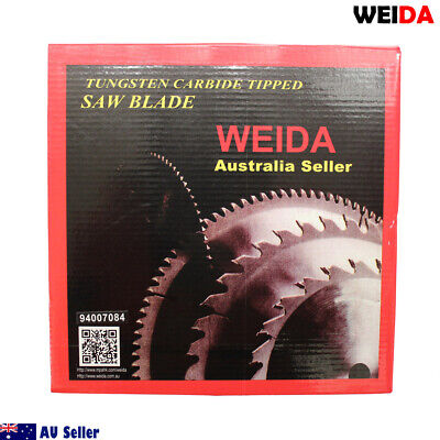 235mm Wood Circular Cutting Disc Saw Blade 9-1/4" 30T Bore 25/22.23mm 2.2mm K from WEIDA with the label "Australia Seller" visible. Specifications on the tungsten carbide tipped blade include dimensions 9¼"x30Tx25 and a maximum speed of 6500 min⁻¹. A small washer is placed next to the wood circular saw blade. "AU Seller" label and Australian flag are in the corner.