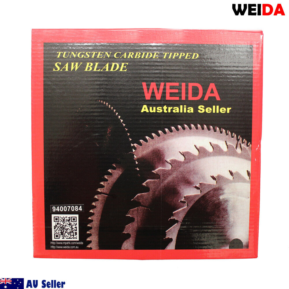 A 3x 235mm Wood Circular Saw Blade Cutting Disc 9-1/4” 30T Bore25mm 2.2mm Kerf Cut with "WEIDA" branding features tungsten carbide tipped teeth for precision. It includes a QR code, product number 94007084, and additional technical details. An "AU Seller" logo is positioned at the bottom left.