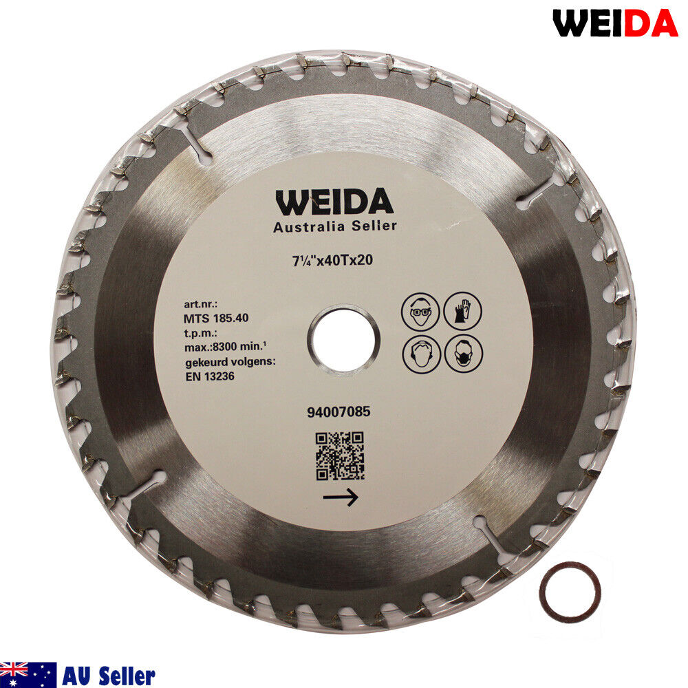 The 185mm Wood Circular Saw Blade Cutting Disc 7-1/4” 40T Bore 20/16mm 2.5mmK features tungsten carbide tipped metal teeth and is sold by an Australian seller. Specifications include "7 1/4 x 40T x 20" with a max speed of 8300 RPM. An additional metal ring is also shown beside the cutting disc.