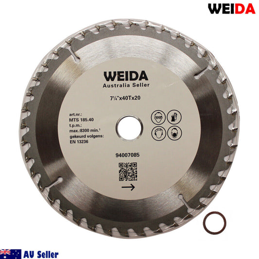 The 185mm Wood Circular Saw Blade Cutting Disc 7-1/4” 40T Bore 20/16mm 2.5mmK features tungsten carbide tipped metal teeth and is sold by an Australian seller. Specifications include "7 1/4 x 40T x 20" with a max speed of 8300 RPM. An additional metal ring is also shown beside the cutting disc.