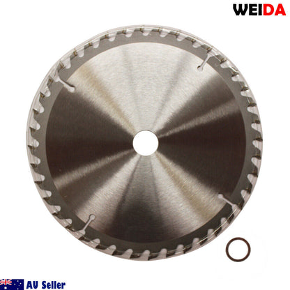 The 185mm Wood Circular Saw Blade Cutting Disc 7-1/4” 40T Bore 20/16mm 2.5mmK features tungsten carbide tipped metal teeth and is sold by an Australian seller. Specifications include "7 1/4 x 40T x 20" with a max speed of 8300 RPM. An additional metal ring is also shown beside the cutting disc.