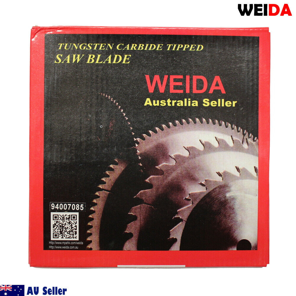 A circular saw blade with the brand name "2x 185mm 40T Wood Circular Saw Blade Cutting Disc 7-1/4” Bore20/16mm 2.5mm Kerf" printed on it. This tungsten carbide tipped wood circular saw blade features sharp teeth and a separately placed ring. The labels indicate it's sold by an Australian seller, with icons and a QR code on the blade.