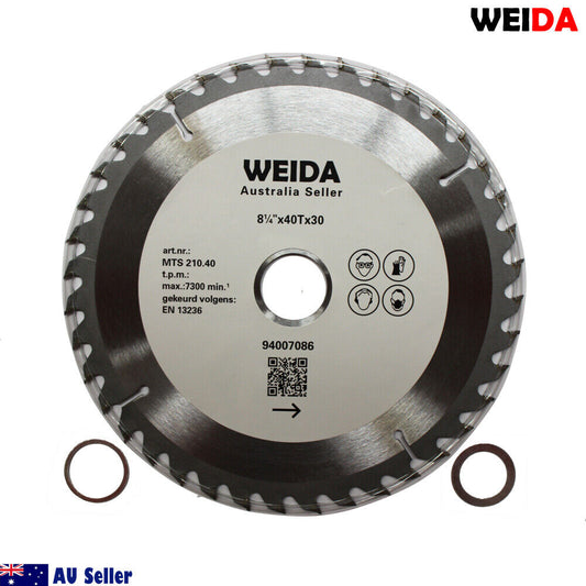 210mm Wood Circular Saw Blade Cutting Disc 8-1/4” 40T Bore 30/25.4mm 2.5mm K with 40 tungsten carbide tipped teeth, branded "WEIDA" and labeled "Australia Seller". The model is MTS-210.40 and it has a diameter of 8 1/4 inches (210mm). Two small metal rings are placed beside the blade.