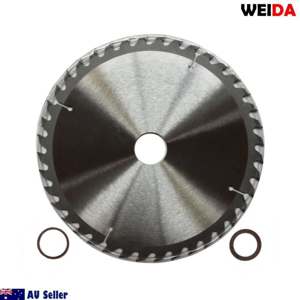 The image shows a 2x 210mm 40T Wood Circular Saw Blade Cutting Disc 8-1/4" 30mm/25.4mm 2.5mm Kerf with tungsten carbide-tipped teeth. It is designed for use at a maximum speed of 7,300 RPM. Two accompanying washers and various compliance icons are also visible. Australian seller indicated.