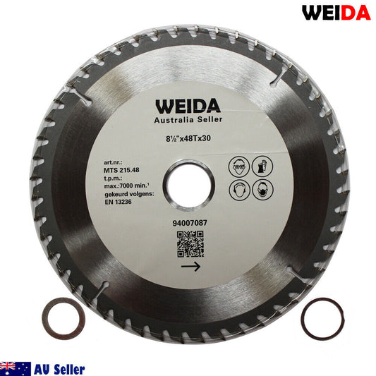 A circular saw blade with 48 tungsten carbide tipped teeth, branded "WEIDA." It is 216mm in diameter and has a 30-mm bore. The 216mm 48T Wood Circular Saw Blade Cutting Disc 8-1/2” Bore 30/25.4mm 2.5mm Kerf is labeled with various specifications and symbols, including "EN 13236," a QR code, setup rings, and "AU Seller" text in the bottom left corner.