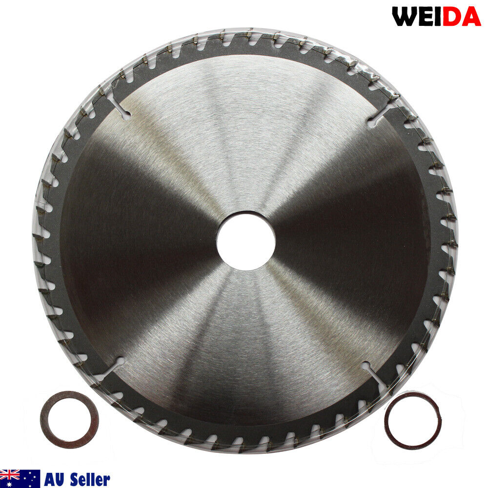 A circular saw blade with 48 tungsten carbide tipped teeth, branded "WEIDA." It is 216mm in diameter and has a 30-mm bore. The 216mm 48T Wood Circular Saw Blade Cutting Disc 8-1/2” Bore 30/25.4mm 2.5mm Kerf is labeled with various specifications and symbols, including "EN 13236," a QR code, setup rings, and "AU Seller" text in the bottom left corner.