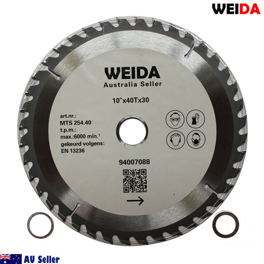 Circular Saw Blade 254mm 40T Wood Cutting 10’’Bore 30/25.4/22.2mm K 2.8mm WDMATE labeled "WEIDA Australia Seller" featuring specifications like "10"x40Tx30," "art.nr.: MTS 254.40," "max: 6000 min-1," and compliance with "EN 13236." This tungsten carbide tipped cutting disc includes two smaller circular components and an AU Seller icon at the bottom left.