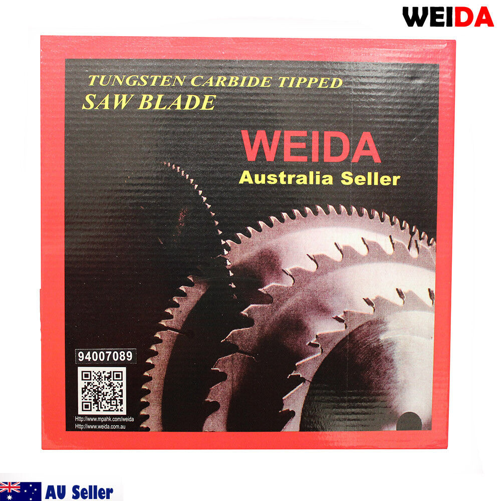 A product box for a 254mm 60T Wood Circular Saw Blade Cutting 10’’Bore 30/25.4/22.2mm Kerf 2.8mm Cut from the brand WEIDA. The red and black box features an image of saw blades, text reading "WEIDA Australia Seller," "94007089," and an Australian flag with "AU Seller" at the bottom left. This blade boasts 60 teeth for precise cutting.
