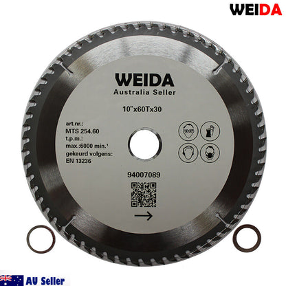 A product box for a 254mm 60T Wood Circular Saw Blade Cutting 10’’Bore 30/25.4/22.2mm Kerf 2.8mm Cut from the brand WEIDA. The red and black box features an image of saw blades, text reading "WEIDA Australia Seller," "94007089," and an Australian flag with "AU Seller" at the bottom left. This blade boasts 60 teeth for precise cutting.
