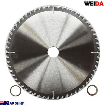 A product box for a 254mm 60T Wood Circular Saw Blade Cutting 10’’Bore 30/25.4/22.2mm Kerf 2.8mm Cut from the brand WEIDA. The red and black box features an image of saw blades, text reading "WEIDA Australia Seller," "94007089," and an Australian flag with "AU Seller" at the bottom left. This blade boasts 60 teeth for precise cutting.
