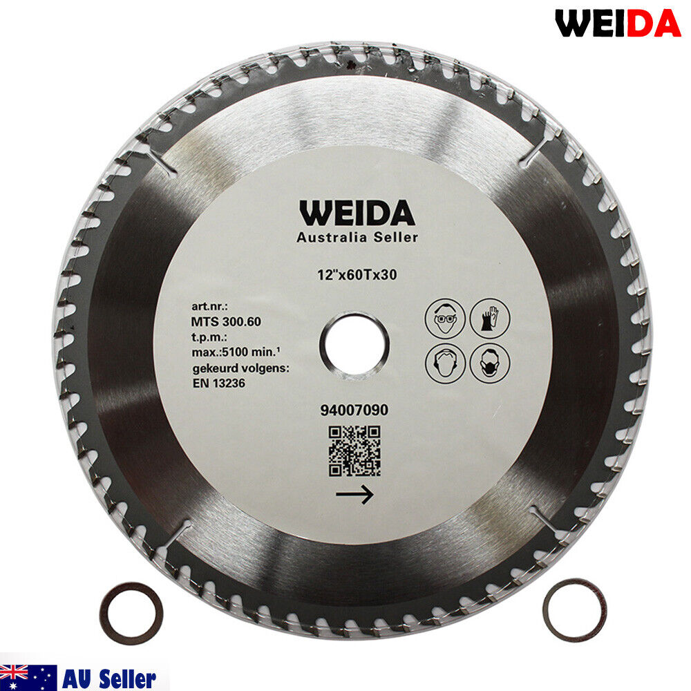 A close-up view of a 300mm 60T Wood Circular Saw Blade Cutting Disc 12’’ Bore 30/25.4/22.2mm Kerf 3.2 with tungsten carbide tipped teeth, boasting a 12-inch diameter and 60 teeth. It has a silver finish and text on the face indicating specifications and certifications. Two accompanying washers are also shown at the bottom, with "Australia Seller" text featuring an Australian flag.