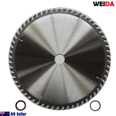 A circular saw blade labeled "2x 300mm Wood Circular CuttingSaw Blade 12’’ 60T Bore 30/25.4/22.2mm Kerf 3.2mm," featuring 60 teeth and measurements 12"x60Tx30. The tungsten carbide tipped cutting disc has icons indicating safety standards and quality certifications. The background includes small images of two circular rings and an AU Seller logo.
