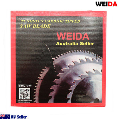 A 3x Circular Saw Blade 300mm 60T Wood Cutting 12’’ Kerf 3.2mm Bore 30/25.4/22.2mm, labeled "WEIDA" and "Australia Seller," with specifications "12x60TX30" and "MTS 300.60." The tungsten carbide tipped cutting disc has sharp teeth around its edge, with two small metal rings beside it. Various symbols and a QR code are present on the blade.