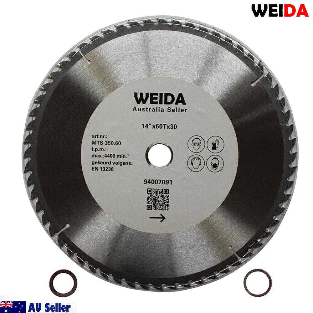 A 350mm Wood Circular Saw Blade Cutting Disc 14’’ 60T Bore 30/25.4/22.23mm K 3.5mm from WEIDA, labeled with specifications "14"x60Tx30," features tungsten carbide tipped teeth for enhanced durability. The blade is silver with sharp edges around its perimeter. Below it are two metal rings. “AU Seller” and an Australian flag icon are in the bottom left corner.
