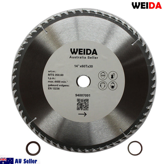 A 350mm Wood Circular Saw Blade Cutting Disc 14’’ 60T Bore 30/25.4/22.23mm K 3.5mm from WEIDA, labeled with specifications "14"x60Tx30," features tungsten carbide tipped teeth for enhanced durability. The blade is silver with sharp edges around its perimeter. Below it are two metal rings. “AU Seller” and an Australian flag icon are in the bottom left corner.
