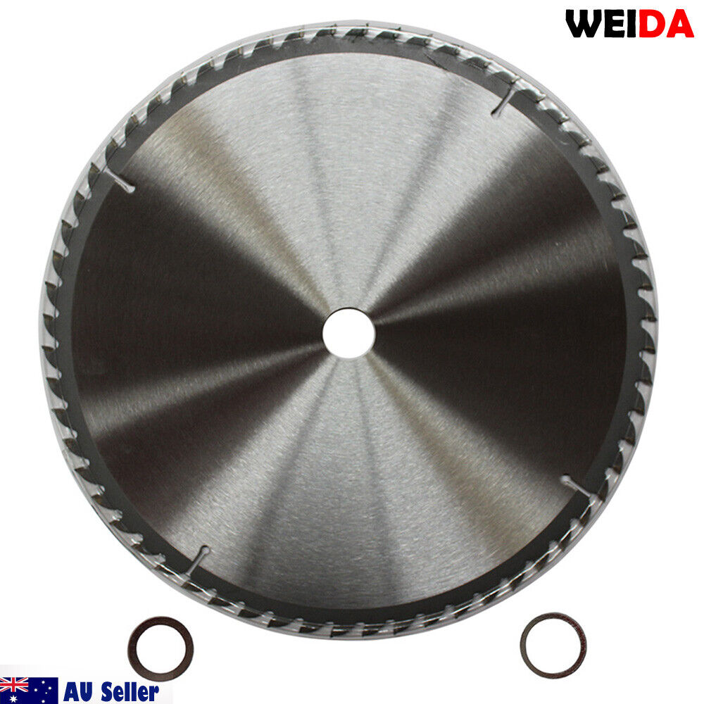 A 350mm Wood Circular Saw Blade Cutting Disc 14’’ 60T Bore 30/25.4/22.23mm K 3.5mm from WEIDA, labeled with specifications "14"x60Tx30," features tungsten carbide tipped teeth for enhanced durability. The blade is silver with sharp edges around its perimeter. Below it are two metal rings. “AU Seller” and an Australian flag icon are in the bottom left corner.
