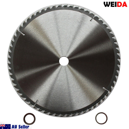 A 350mm Wood Circular Saw Blade Cutting Disc 14’’ 60T Bore 30/25.4/22.23mm K 3.5mm from WEIDA, labeled with specifications "14"x60Tx30," features tungsten carbide tipped teeth for enhanced durability. The blade is silver with sharp edges around its perimeter. Below it are two metal rings. “AU Seller” and an Australian flag icon are in the bottom left corner.
