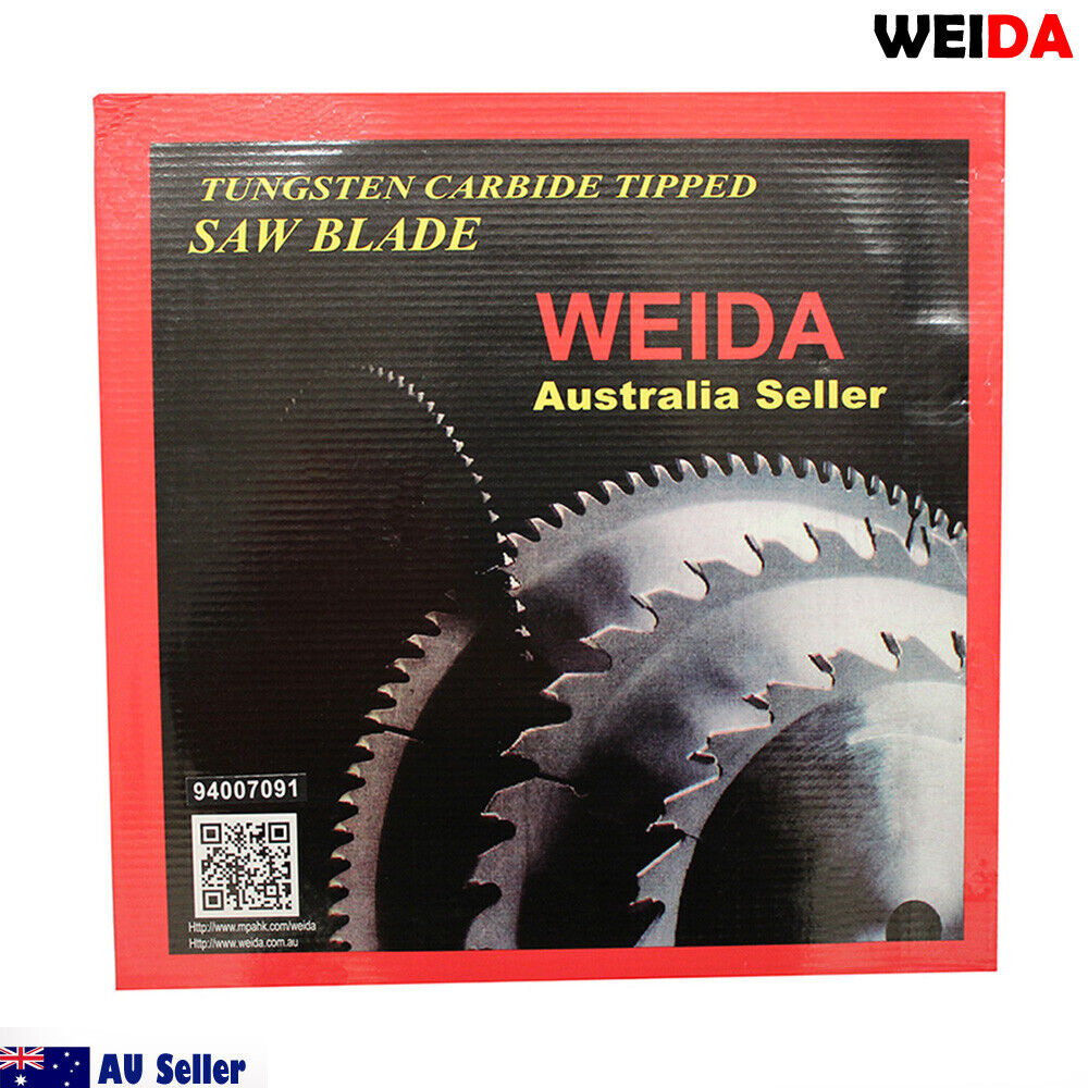 A 350mm Wood Circular Saw Blade Cutting Disc 14’’ 60T Bore 30/25.4/22.23mm K 3.5mm from WEIDA, labeled with specifications "14"x60Tx30," features tungsten carbide tipped teeth for enhanced durability. The blade is silver with sharp edges around its perimeter. Below it are two metal rings. “AU Seller” and an Australian flag icon are in the bottom left corner.
