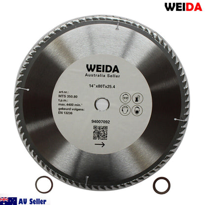 A circular saw blade labeled "WEIDA" with a 14-inch diameter and specifications written on it. Two small circular metal rings are placed below the saw blade. "AU Seller" with an Australian flag is in the bottom left corner and "WEIDA" is in the top right corner. This 350mm Wood Circular Saw Blade Cutting Disc 14’’ 80T Bore 25.4/22.23mm K 3.5mm is tungsten carbide tipped (tct).