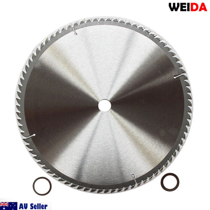 A circular saw blade labeled "WEIDA" with a 14-inch diameter and specifications written on it. Two small circular metal rings are placed below the saw blade. "AU Seller" with an Australian flag is in the bottom left corner and "WEIDA" is in the top right corner. This 350mm Wood Circular Saw Blade Cutting Disc 14’’ 80T Bore 25.4/22.23mm K 3.5mm is tungsten carbide tipped (tct).