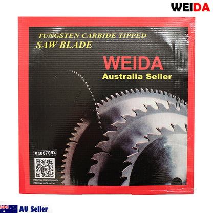 A circular saw blade labeled "WEIDA" with a 14-inch diameter and specifications written on it. Two small circular metal rings are placed below the saw blade. "AU Seller" with an Australian flag is in the bottom left corner and "WEIDA" is in the top right corner. This 350mm Wood Circular Saw Blade Cutting Disc 14’’ 80T Bore 25.4/22.23mm K 3.5mm is tungsten carbide tipped (tct).