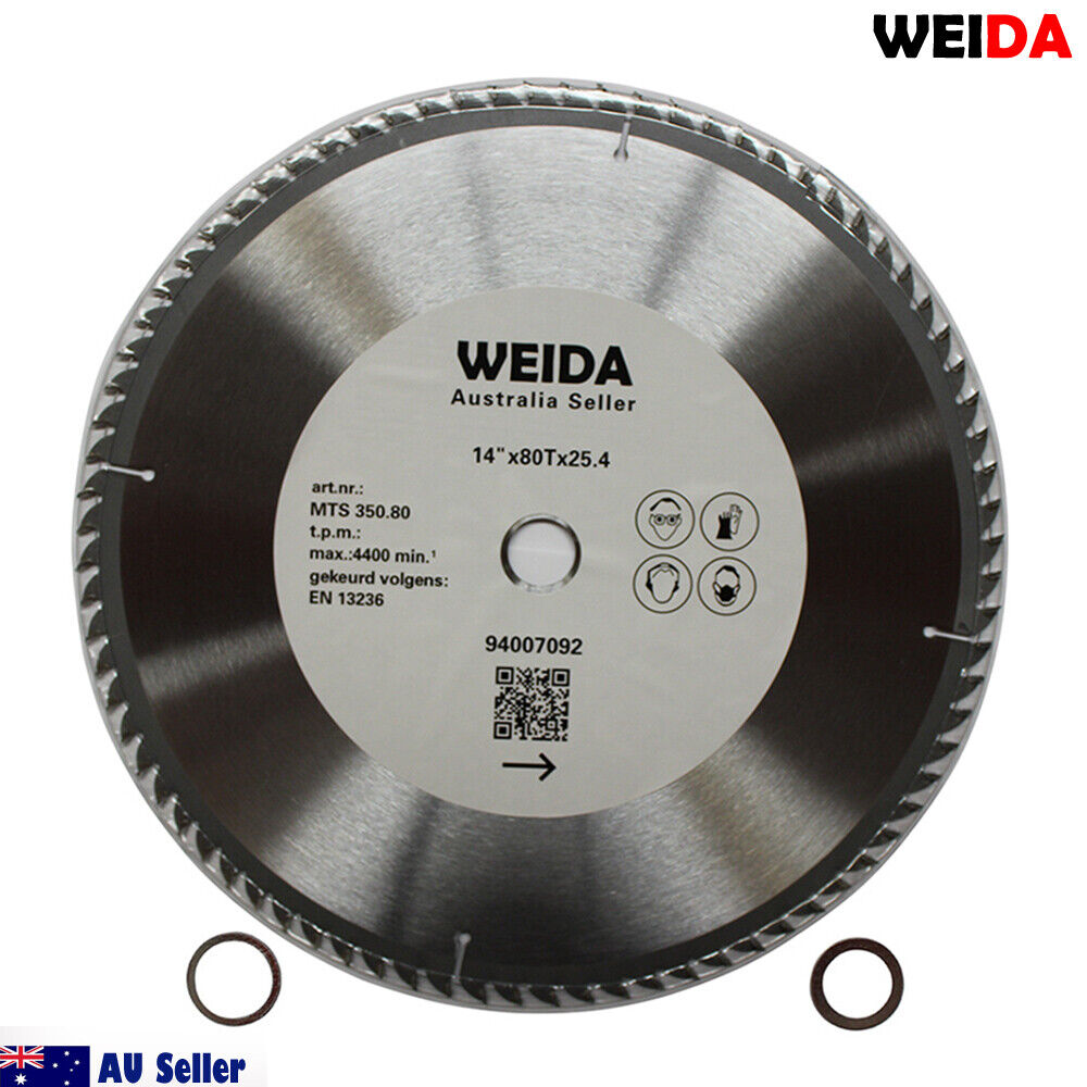 A 2x 350mm 80T Wood Circular Saw Blade Cutting Disc 14’’ Bore25.4/22.2mm Kerf3.5mm with a silver, serrated edge is shown against a white background. The blade has specifications printed on it, including MTS and rotation speed. Two smaller metal rings are placed below it. The WEIDA logo is visible at the top.