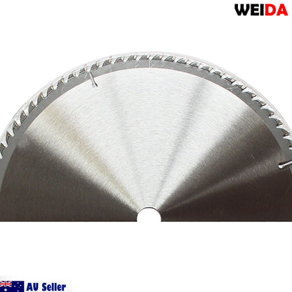 A 2x 350mm 80T Wood Circular Saw Blade Cutting Disc 14’’ Bore25.4/22.2mm Kerf3.5mm with a silver, serrated edge is shown against a white background. The blade has specifications printed on it, including MTS and rotation speed. Two smaller metal rings are placed below it. The WEIDA logo is visible at the top.